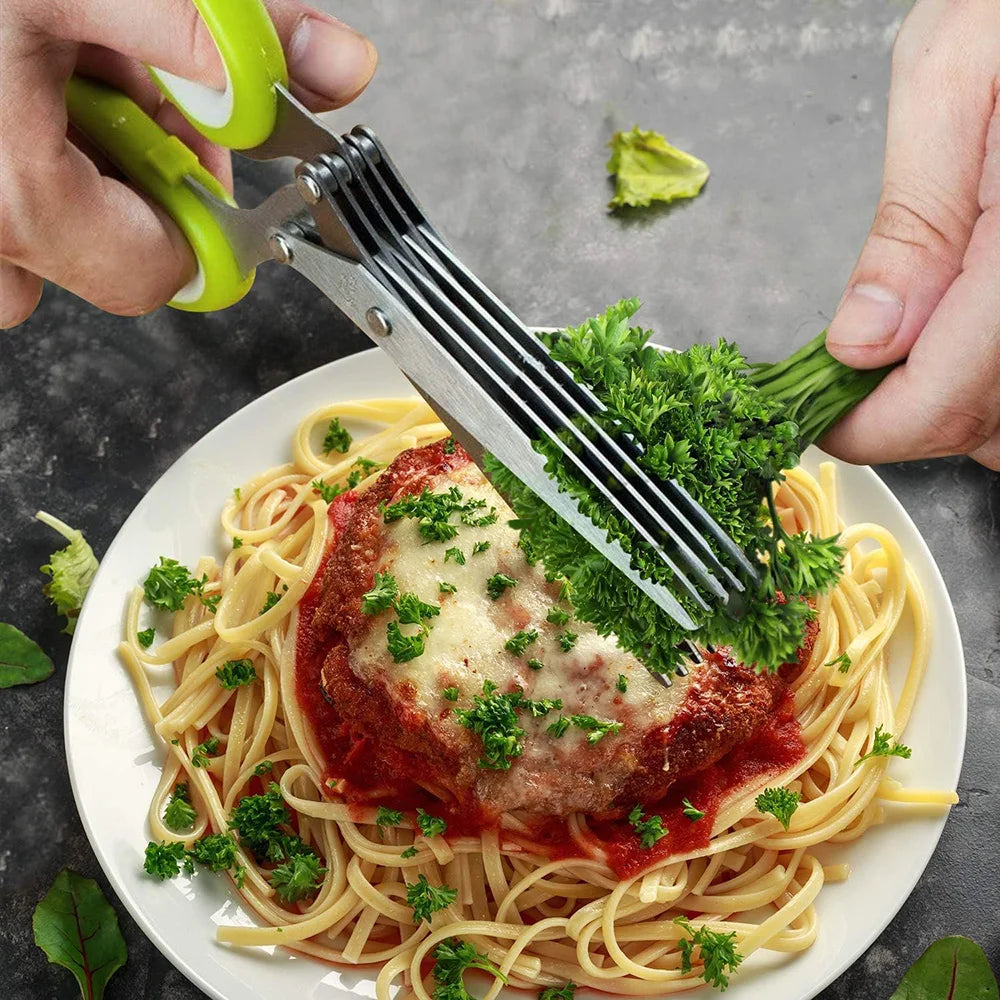 Herb Scissors Stainless Steel 5 Blade Kitchen Shears Household Vegetable Cutter with Cover Multifunctional Kitchen Gadgets