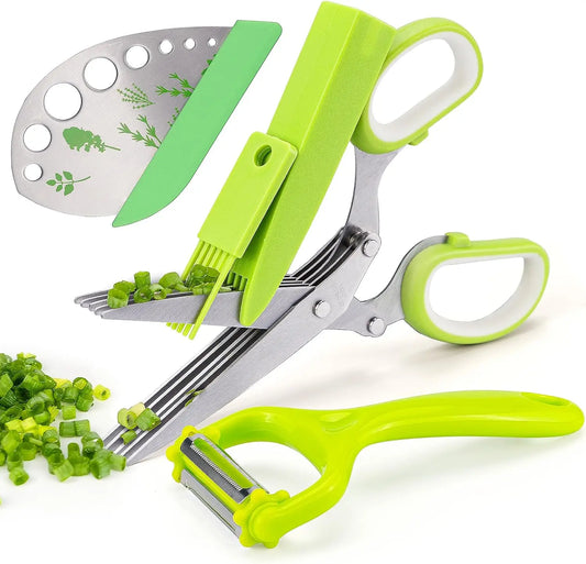 Herb Scissors Stainless Steel 5 Blade Kitchen Shears Household Vegetable Cutter with Cover Multifunctional Kitchen Gadgets