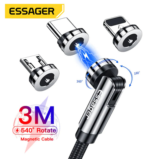 Essager 540 Rotate Magnetic Cable Fast Charging Magnet Charger Micro USB Type C Cable Mobile Phone Wire Cord for Iphone Xiaomi
